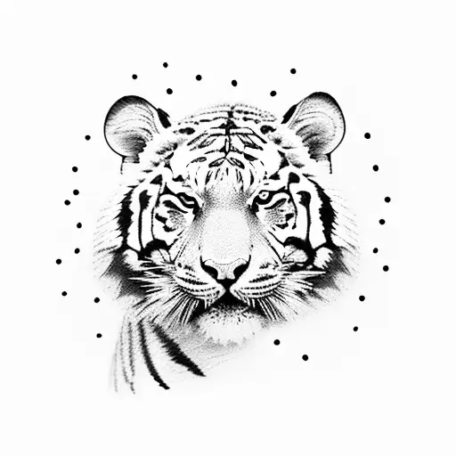 A dotwork tattoo of a tiger sitting on a stack of books tattoo design idea