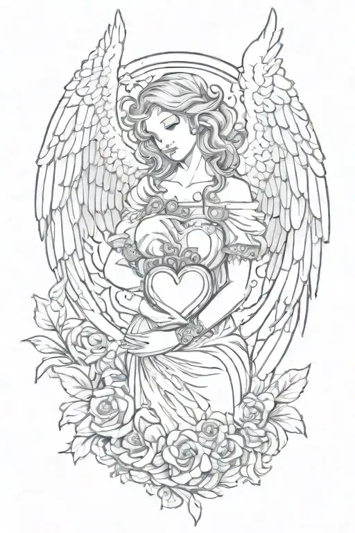 an angel with wings holding a heart tattoo design idea