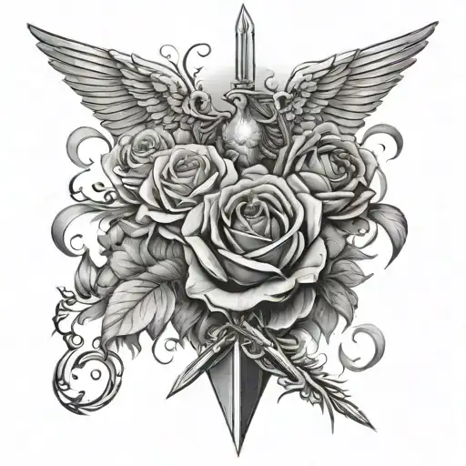 Roses, birds, angels with swords tattoo design idea