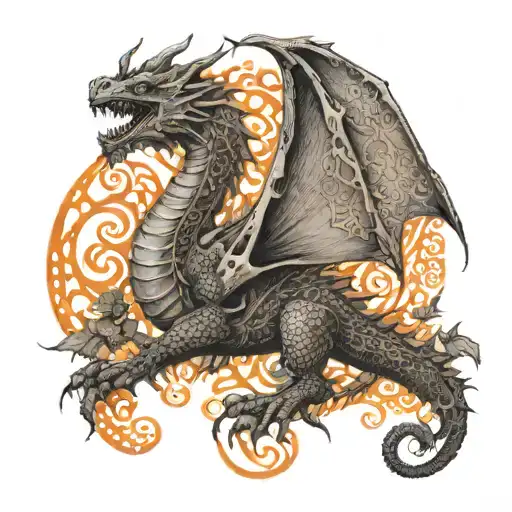 An intricate dotwork tattoo of a dragon weaving through a forest of orange trees tattoo design idea