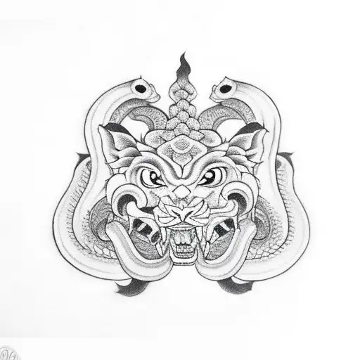 hindu lion mouth open eating a snake tattoo design idea