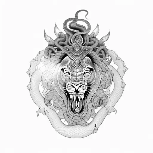 Hindu Lion chest crushing a snake tattoo design idea