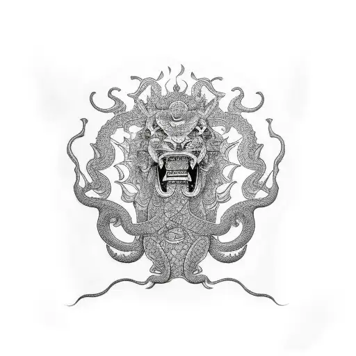 hindu lion mouth open eating a snake tattoo design idea