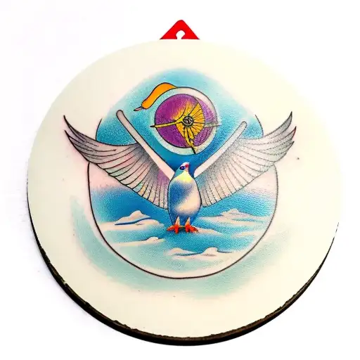 Pigeon with wings wide open facing forward and centered standing on a clay pigeon disc tattoo design idea