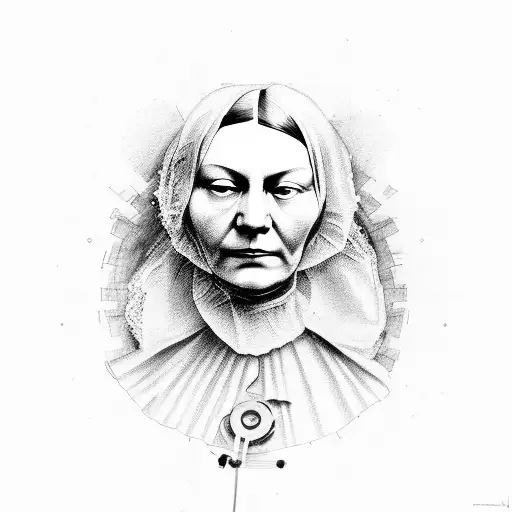 A portrait of Florence Nightingale surrounded by medical instruments tattoo design idea