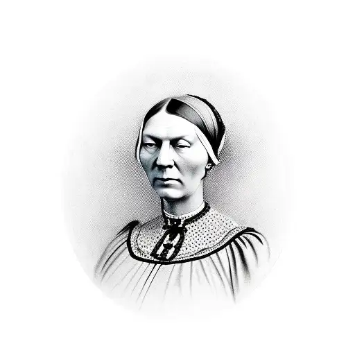 A portrait of Florence Nightingale surrounded by medical instruments tattoo design idea