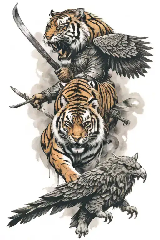 a tiger, samurai, and eagle tattoo design idea
