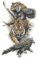 a tiger, samurai, and eagle tattoo design idea