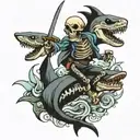 Skeleton riding a shark while carrying a cutlass in its hand tattoo design idea