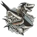Skeleton riding a shark while carrying a cutlass in its hand tattoo design idea