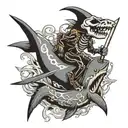 Skeleton riding a shark while carrying a cutlass in its hand tattoo design idea