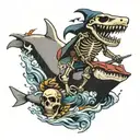 Skeleton riding a shark while carrying a cutlass in its hand tattoo design idea