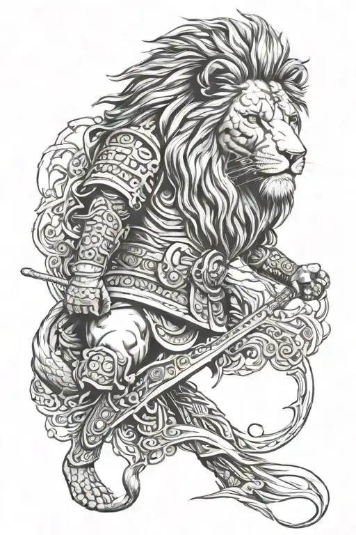 lion head in fusion with samurai warrior tattoo design idea