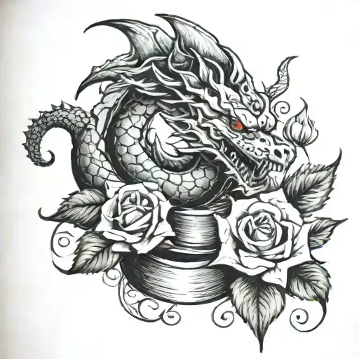 book with a dragon and roses intertwined tattoo design idea