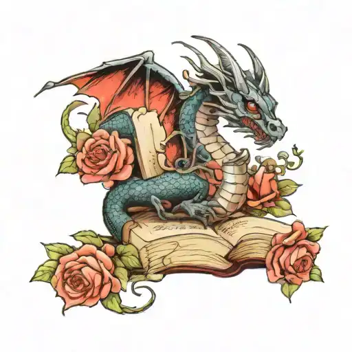 book with a dragon and roses wrapped tattoo design idea