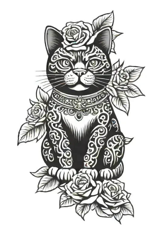  Chinese lucky cat with roses tattoo design idea