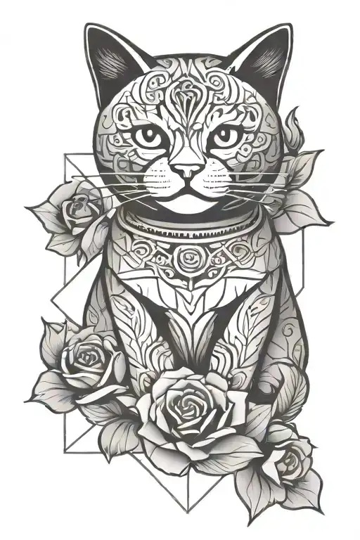  Chinese lucky cat with roses tattoo design idea