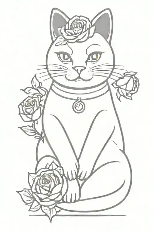  Chinese lucky cat with roses tattoo design idea