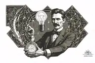 nikola tesla holding a lightbulb with the world inside it tattoo design idea