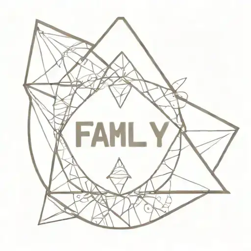 A geometric design of a guitar pick surrounded by a halo of family names tattoo design idea