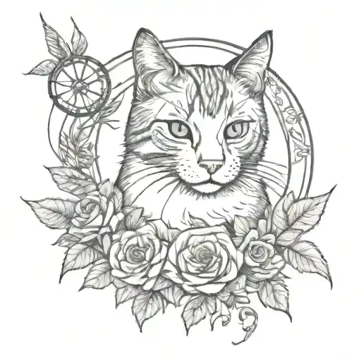 cat and a dreamcatcher roses mayflowers hibiscus phoenix tattoo design idea