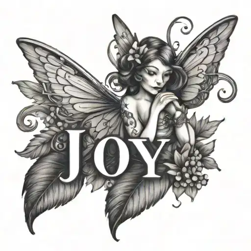 the name JOY with a blueberry fairy surrounded tattoo design idea