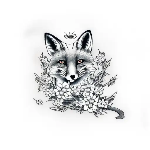 Fox with Japanese fan and lots of cherry blossom tattoo design idea