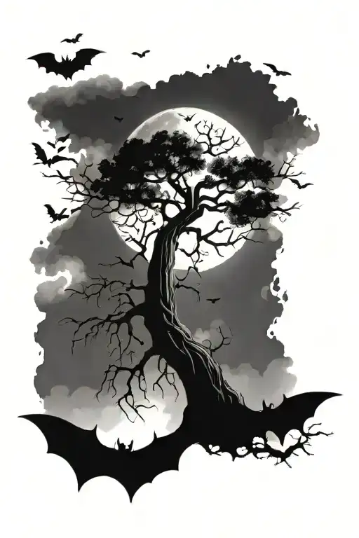 gothic lifeless semi-skinny non curly tree surrounded by bats and fog with a moon above tattoo design idea