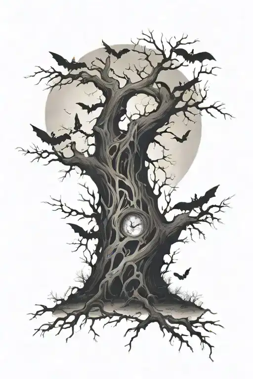 gothic lifeless non curly tree surrounded by bats and fog with a moon above tattoo design idea