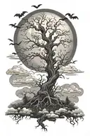 gothic lifeless poison tree surrounded by bats and clouds with a moon above  tattoo design idea