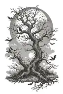 gothic lifeless poison tree surrounded by bats and clouds with a moon above  tattoo design idea