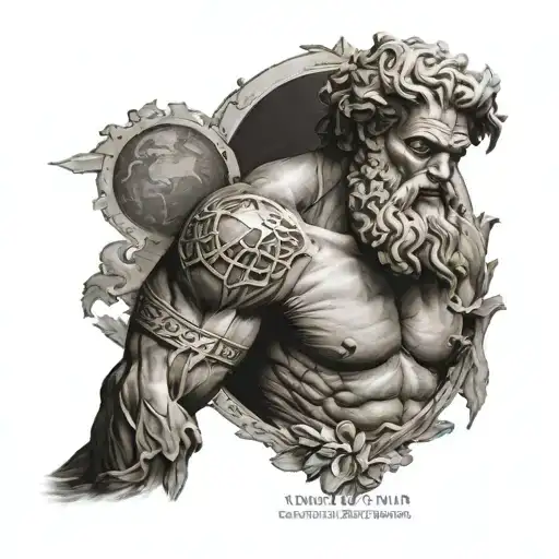 Greek Titan Atlas holding earth, with birthday 15-01-2024 sleeve tattoo design tattoo design idea