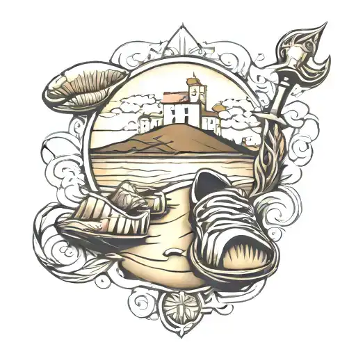 Footsteps leading to a Camino de Santiago clam  tattoo design idea