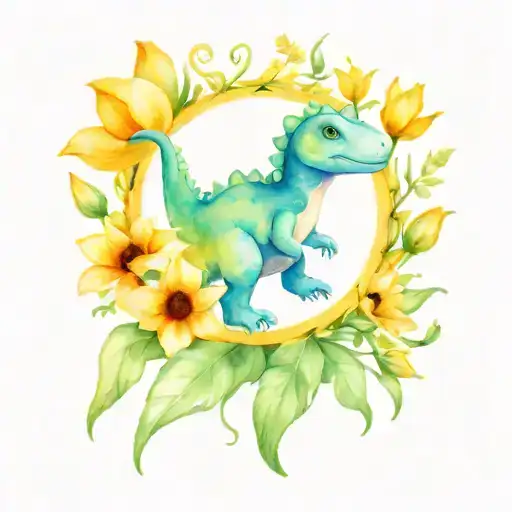 cute small dinosaur with tulips and sunflower tattoo tattoo design idea