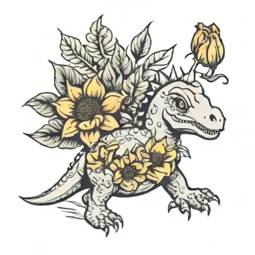 simple cute small dinosaur with tulips and sunflower tattoo tattoo design idea