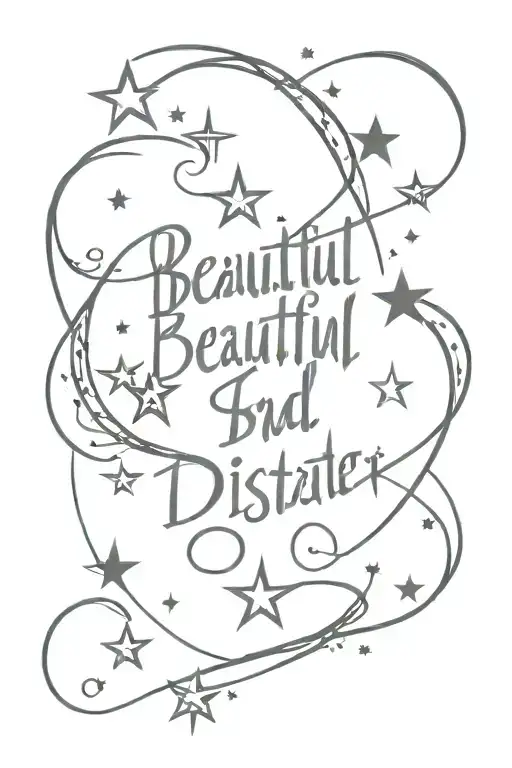 heart and stars decorating the word beautiful  disaster  tattoo design idea