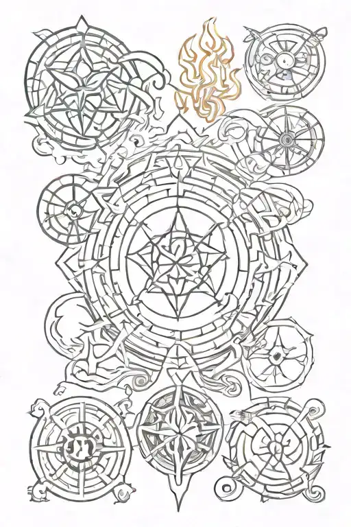 Magical Sigils surrounded by fire water earth fire air tattoo design idea