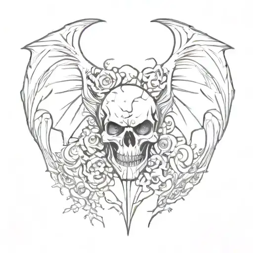 Broken heart with one side of the heart of a skull and bat wings on both sides of the broken heart tattoo design idea