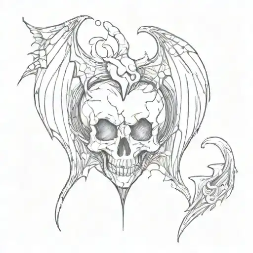 Broken heart shape with one half of the heart is a skull and bat wings on both sides of the broken heart tattoo design idea