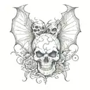 Broken heart with one side of the heart of a skull and bat wings on both sides of the broken heart tattoo design idea