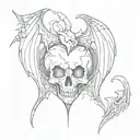 Broken heart shape with one half of the heart is a skull and bat wings on both sides of the broken heart tattoo design idea