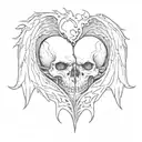 Broken heart shape with one half of the heart is a skull and bat wings on both sides of the broken heart tattoo design idea