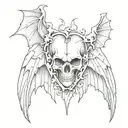 Broken heart with one side of the heart of a skull and bat wings on both sides of the broken heart tattoo design idea