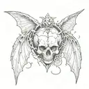 Broken heart with one side of the heart of a skull and bat wings on both sides of the broken heart tattoo design idea