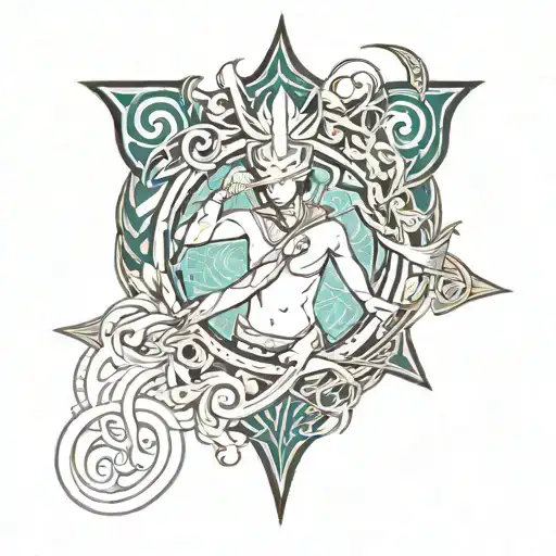 Combine elements of rap and Magic the Gathering into a dynamic and intricate sleeve tattoo design tattoo design idea