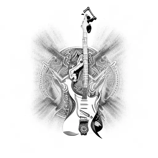 A powerful Maori warrior playing a guitar with a backdrop of V8 car engines tattoo design idea