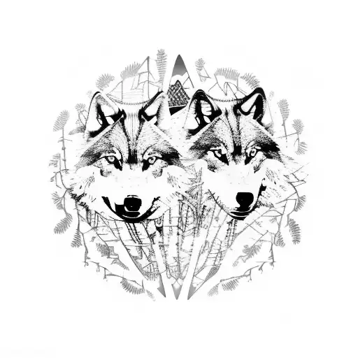 A pack of wolves running through a forest made of guitar strings, with heavy metal symbols dangling from the branches tattoo design idea