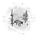 A pack of wolves running through a forest made of guitar strings, with heavy metal symbols dangling from the branches tattoo design idea