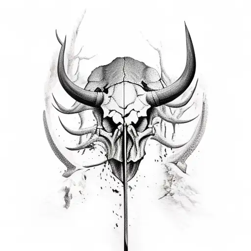 Buffalo skull with sword through it tattoo design idea