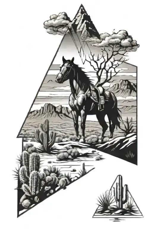 desert scenery with cactus in a triangle that has a horse running in the distance tattoo design idea